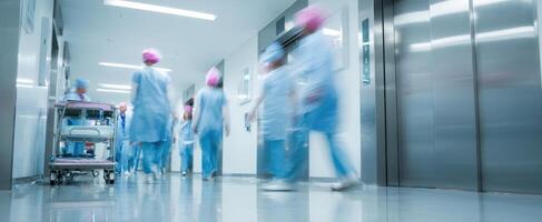 The busy hospital hallway with healthcare professionals in motion and modern equipment. photo