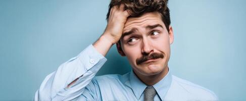 The concerned businessman pondering a challenging situation with a thoughtful expression. photo