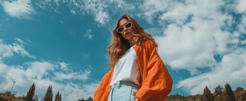 The stylish woman in an orange jacket against a scenic blue sky. photo