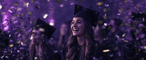 The joyful graduate celebrating amidst colorful confetti at her graduation ceremony. photo