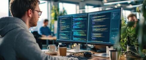 The programmer working intently at dual monitors in a modern office environment. photo