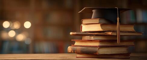A stack of books with a graduation hat on top photo