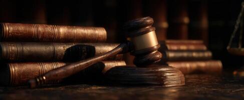 The gavel resting against a stack of legal books in a courtroom setting. photo