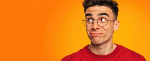 The young man displaying a playful expression against a vibrant orange background. photo