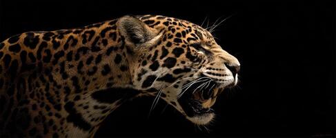 The powerful jaguar roaring in a dramatic black backdrop. photo