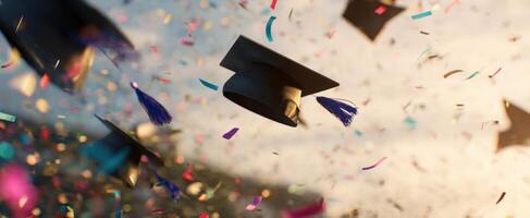 The joyful graduation caps soaring through the colorful confetti shower. photo