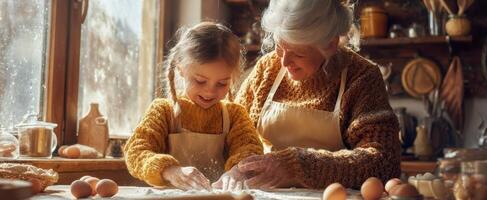 The joyful baking experience between a grandmother and her granddaughter in a cozy kitchen. photo