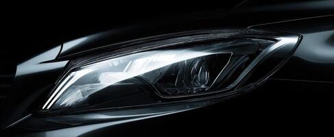 The elegant design of a modern car headlight illuminated in darkness. photo