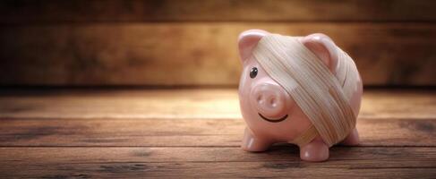 The piggy bank wrapped in a bandage symbolizing financial recovery and support. photo
