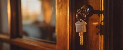 The key hanging from a vintage door lock in warm sunlight. photo