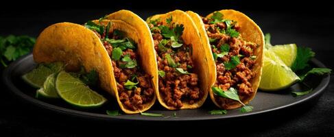 The mouthwatering tacos served with fresh lime and cilantro on a dark plate. photo