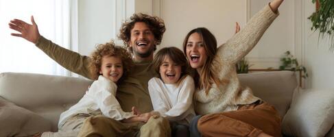 The joyful family enjoying quality time together in a cozy home setting. photo