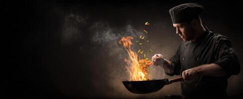 The chef skillfully prepares a vibrant dish with flames and fresh ingredients. photo
