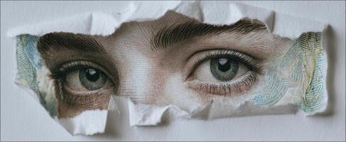 The captivating gaze of an eye revealed through torn paper. photo