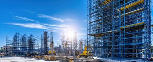 The construction site featuring extensive scaffolding under a clear blue sky. photo