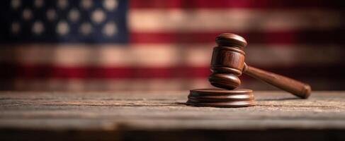 The gavel on a wooden table with an American flag backdrop. photo