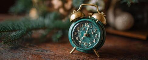 The vintage clock resting on a rustic wooden surface surrounded by holiday greenery. photo