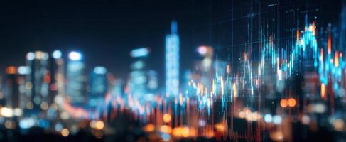 The finance graph illustrating data trends against a vibrant city skyline at night. photo