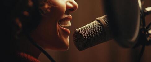 The joyful singer beautifully capturing sound in a professional recording studio. photo