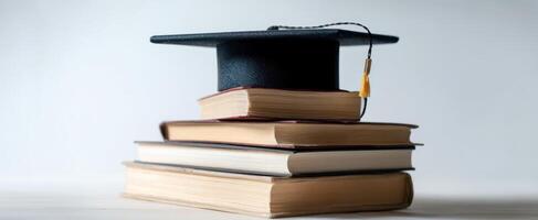The graduation cap symbolizing academic achievement on a stack of books. photo