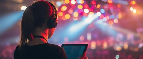 The music enthusiast using a tablet at a vibrant concert venue photo
