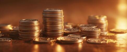 The gleam of stacked coins against a warm glowing background. photo