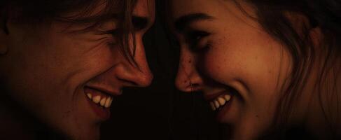 The joyful connection between a smiling couple in a tender moment. photo