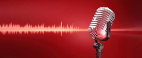 The microphone with soundwaves on a vibrant red background. photo