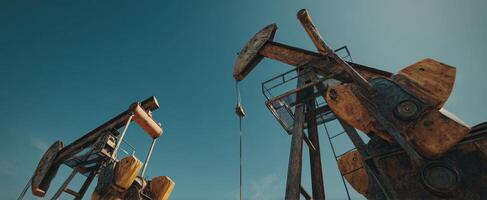 The oil pumpjacks silhouetted against a clear blue sky in a natural landscape. photo