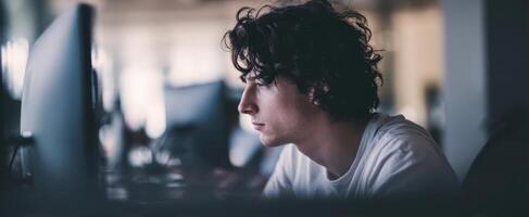 The focused young man engrossed in his computer work in a modern workspace. photo