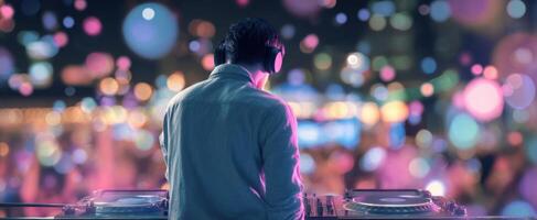 The DJ creating an enchanting atmosphere at a vibrant night concert. photo