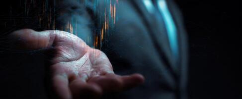 The hand displaying digital data points in a professional business environment. photo