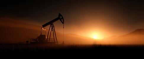 Oil pump in the sunset with fog and mountains in the background photo