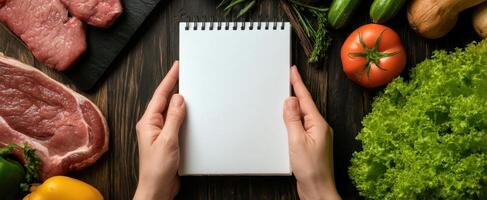 The empty notebook surrounded by fresh ingredients ready for recipe ideas. photo