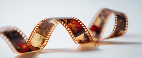 The vintage film strip displaying colorful photographs and memories. photo