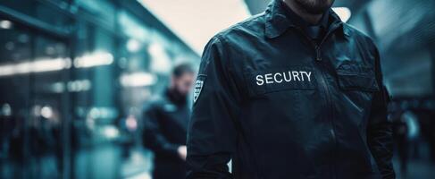 The security guard standing vigilantly in a modern urban environment. photo