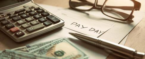 The calculator and cash on a workspace for financial planning and budgeting. photo