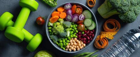 The vibrant bowl of fresh vegetables and fitness equipment for healthy living. photo