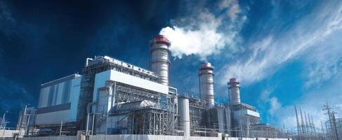 The modern power plant emitting steam against a dramatic blue sky. photo