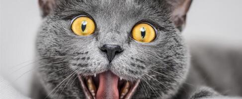 The adorable gray cat displaying a surprised expression with vibrant yellow eyes. photo