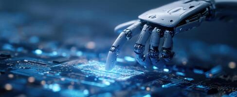 The robotic hand delicately interacting with a futuristic electronic circuit board. photo