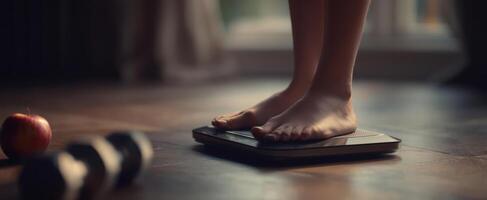 The scale supporting a mindful health journey with fitness elements in focus. photo