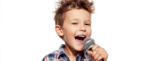 The joyful boy singing passionately into a microphone with bright enthusiasm. photo