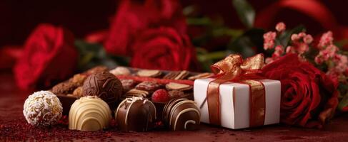 The exquisite arrangement of chocolates and roses for a romantic celebration. photo