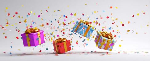 The vibrant gifts surrounded by colorful confetti for a festive celebration photo