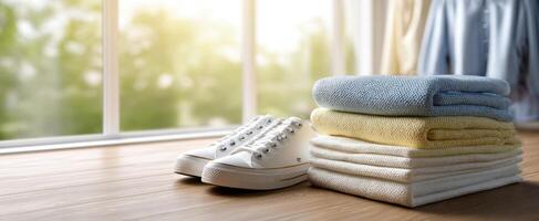 The stylish sneakers beside neatly stacked towels in a sunlit room. photo