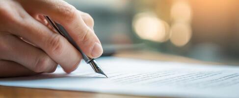 The elegant pen writing carefully on a document in a bright workspace. photo