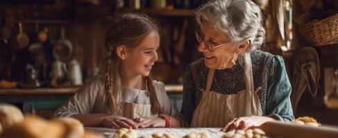 The grandmother and granddaughter sharing joyful moments while baking together. photo