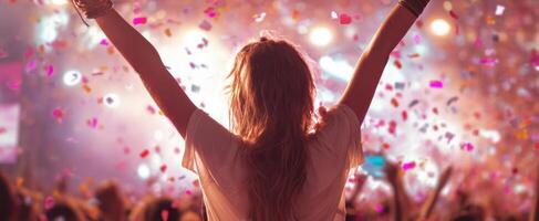 The exuberant crowd celebrating at a lively music festival with confetti. photo