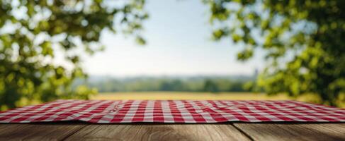 The inviting picnic tablecloth set against a serene natural background. photo